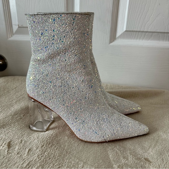 Sequin Glitter Ankle Boots Clear Sparkly Pointed Toe Block High Heel Shiny Boots - Picture 2 of 16